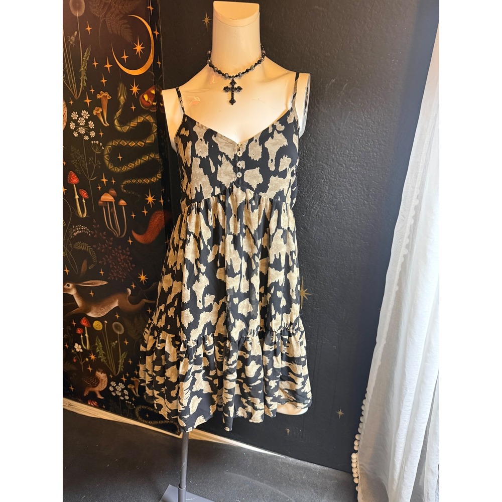 Entro Womens Black Tan Abstract Print Babydoll Dress Size M Ruffle Hem Mini